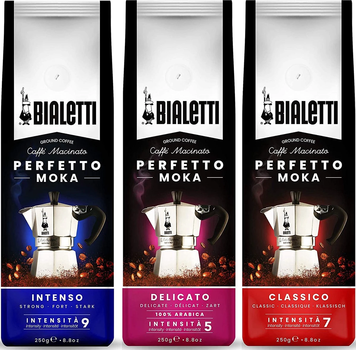 Bialetti Perfetto Moka Koffie Proefpakket 3 X 250 Gram - Classico, Delicato En Intenso