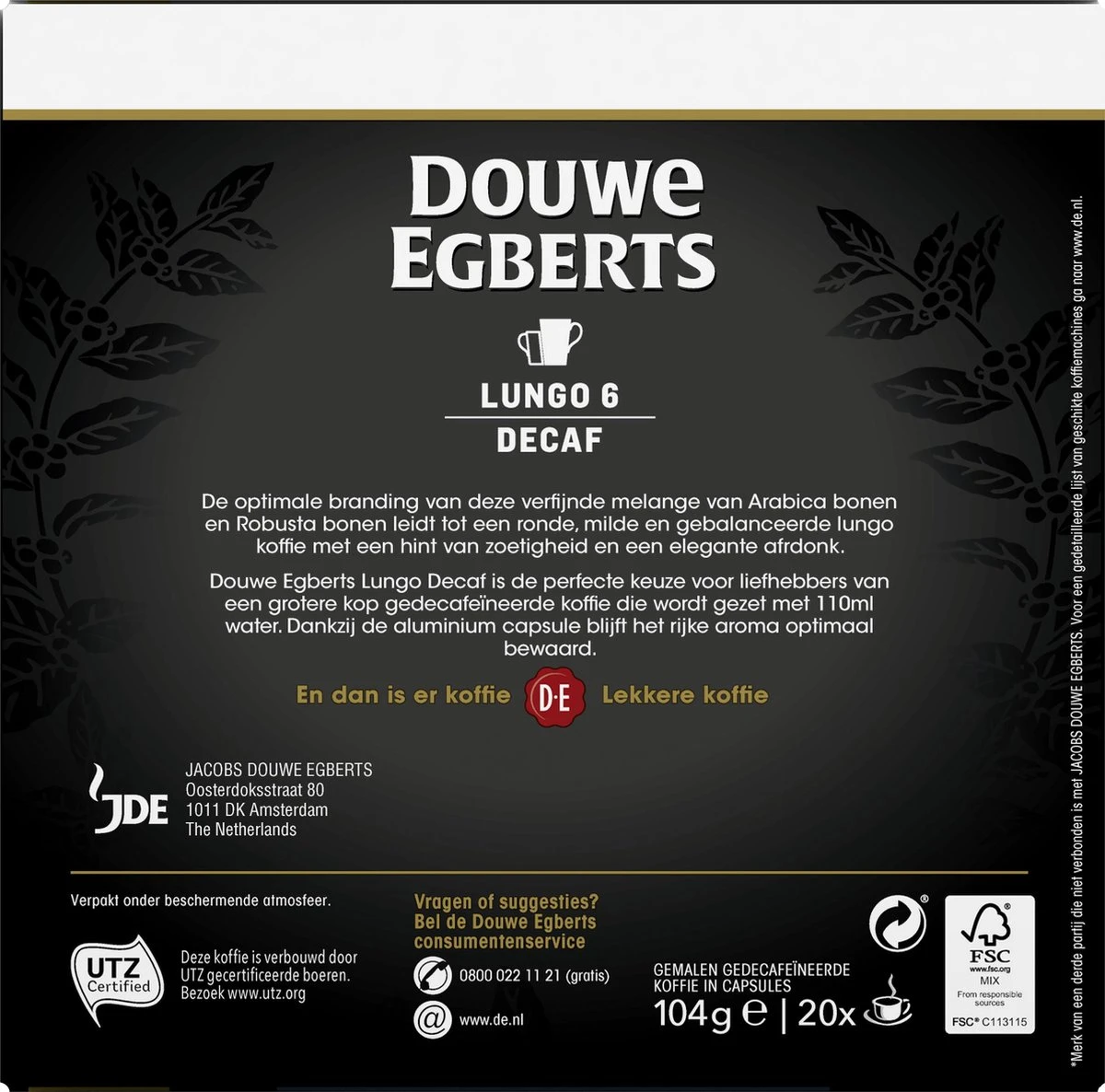 Douwe Egberts Lungo Decaf (6) - 10 X 20 Koffiecups - Afbeelding 3